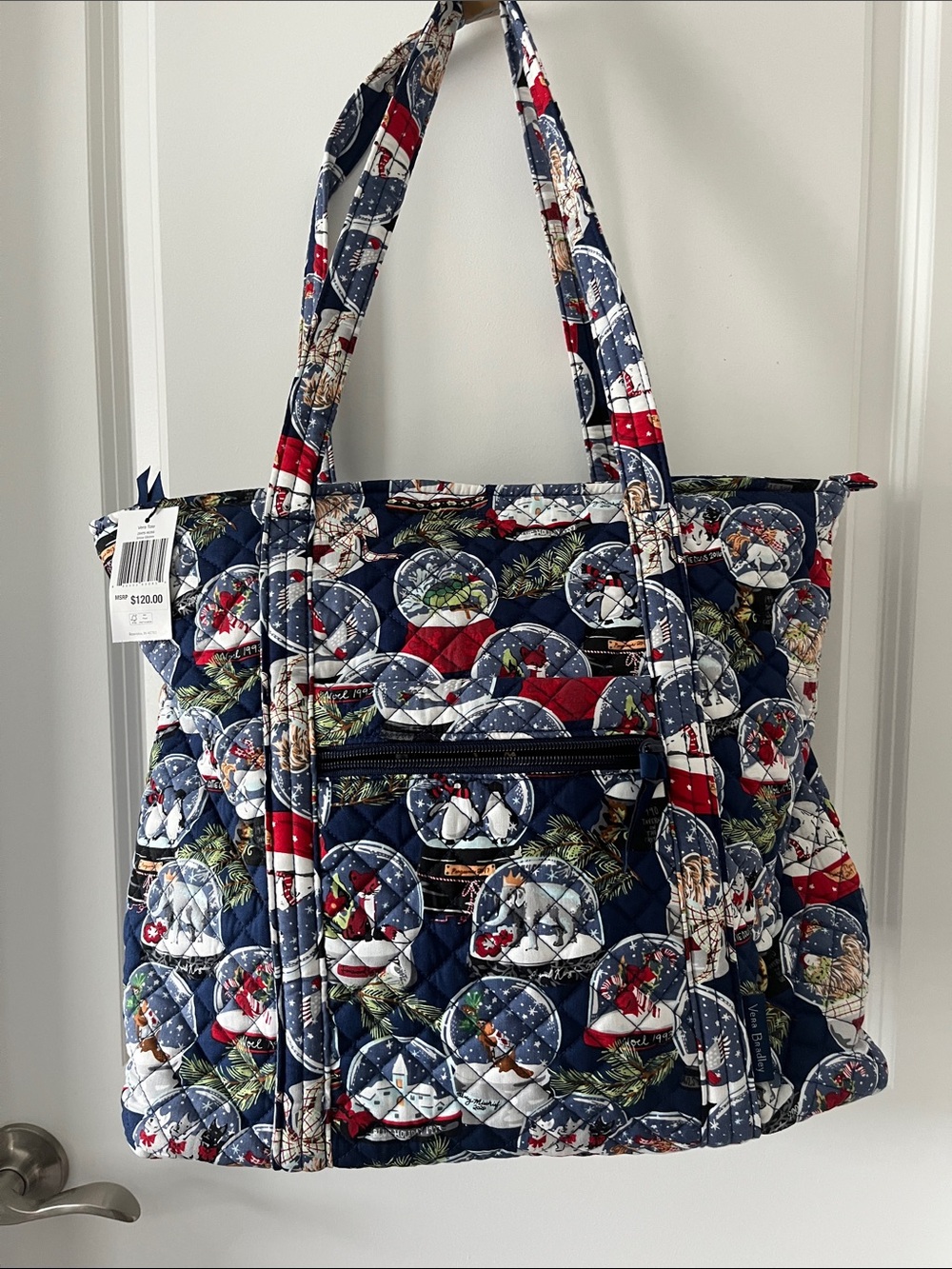 Vera Bradley Navy Quilted Large Vera Tote Snow Globes NWT Christmas in July !